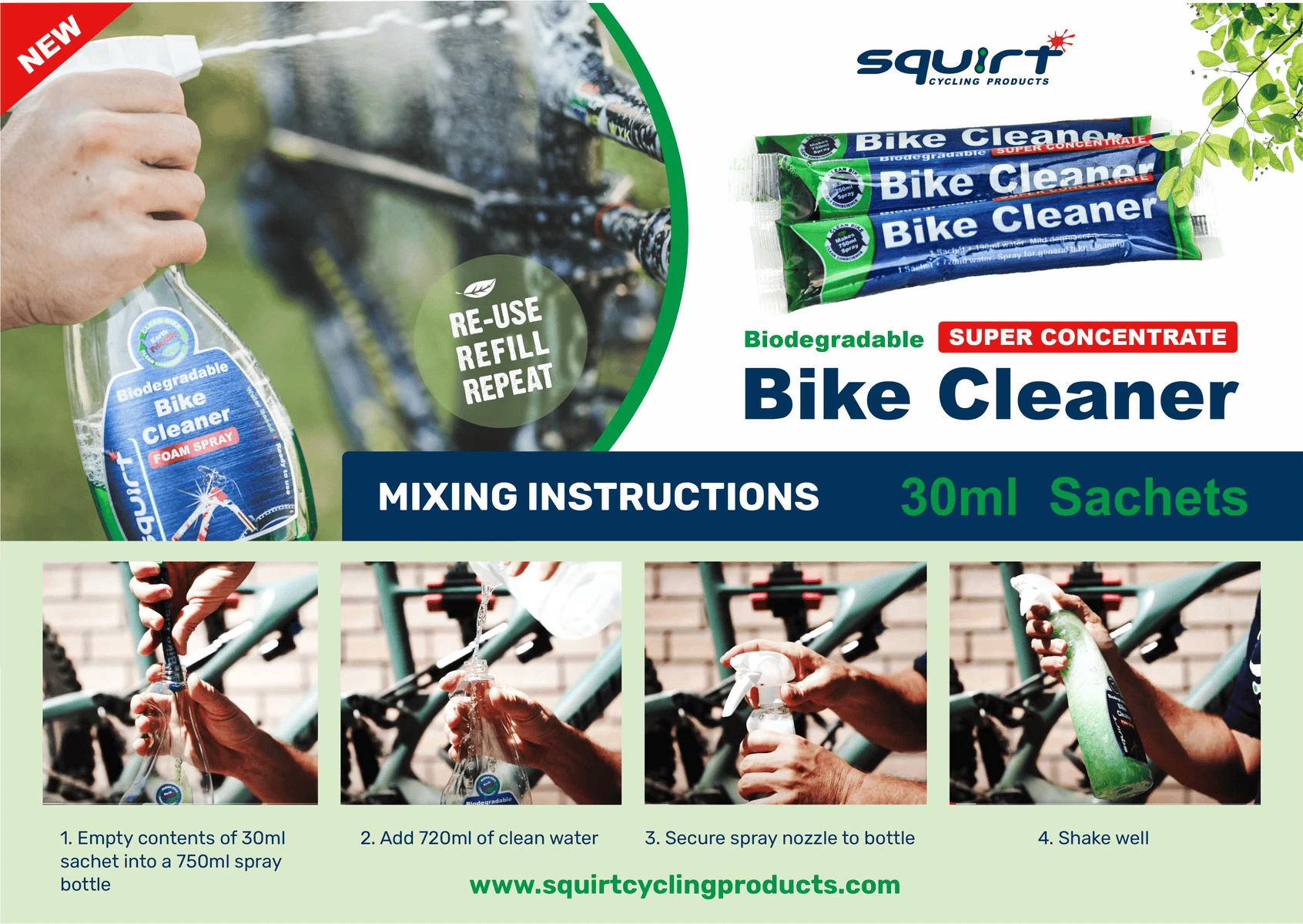 Mode d’emploi du nettoyant vélo biodégradable super concentré Squirt